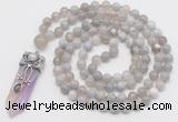 GMN1558 Knotted 8mm, 10mm grey banded agate 108 beads mala necklace with pendant