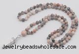 GMN1609 Hand-knotted 6mm pink zebra jasper 108 beads mala necklace with pendant