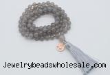 GMN1750 Knotted 8mm, 10mm grey agate 108 beads mala necklace with tassel & charm