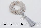 GMN1751 Knotted 8mm, 10mm montana agate 108 beads mala necklace with tassel & charm