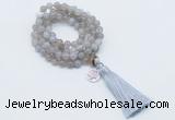 GMN1752 Knotted 8mm, 10mm grey banded agate 108 beads mala necklace with tassel & charm