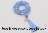 GMN1753 Knotted 8mm, 10mm blue banded agate 108 beads mala necklace with tassel & charm