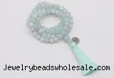 GMN1754 Knotted 8mm, 10mm sea blue banded agate 108 beads mala necklace with tassel & charm