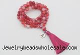 GMN1756 Knotted 8mm, 10mm red banded agate 108 beads mala necklace with tassel & charm