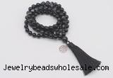 GMN1758 Knotted 8mm, 10mm black banded agate 108 beads mala necklace with tassel & charm