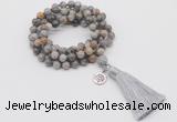 GMN1764 Knotted 8mm, 10mm silver needle agate 108 beads mala necklace with tassel & charm