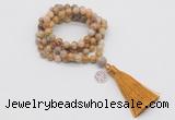 GMN1767 Knotted 8mm, 10mm fossil coral 108 beads mala necklace with tassel & charm