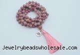 GMN1768 Knotted 8mm, 10mm pink fossil jasper 108 beads mala necklace with tassel & charm