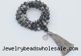 GMN1773 Knotted 8mm, 10mm black water jasper 108 beads mala necklace with tassel & charm