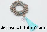 GMN1781 Knotted 8mm, 10mm serpentine jasper 108 beads mala necklace with tassel & charm