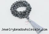 GMN1793 Knotted 8mm, 10mm snowflake obsidian 108 beads mala necklace with tassel & charm