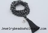 GMN1795 Knotted 8mm, 10mm black labradorite 108 beads mala necklace with tassel & charm