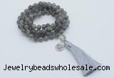 GMN1796 Knotted 8mm, 10mm labradorite 108 beads mala necklace with tassel & charm