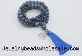 GMN1798 Knotted 8mm, 10mm dumortierite 108 beads mala necklace with tassel & charm