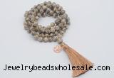 GMN1802 Knotted 8mm, 10mm feldspar 108 beads mala necklace with tassel & charm