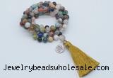 GMN1803 Knotted 8mm, 10mm colorful gemstone 108 beads mala necklace with tassel & charm