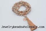 GMN1804 Knotted 8mm, 10mm sunstone 108 beads mala necklace with tassel & charm