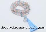 GMN1806 Knotted 8mm, 10mm morganite 108 beads mala necklace with tassel & charm