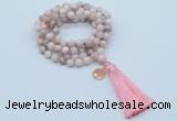 GMN1807 Knotted 8mm, 10mm natural pink opal 108 beads mala necklace with tassel & charm