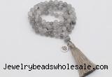 GMN1818 Knotted 8mm, 10mm cloudy quartz 108 beads mala necklace with tassel & charm