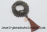 GMN1819 Knotted 8mm, 10mm smoky quartz 108 beads mala necklace with tassel & charm