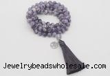 GMN1820 Knotted 8mm, 10mm dogtooth amethyst 108 beads mala necklace with tassel & charm