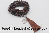 GMN1829 Knotted 8mm, 10mm red tiger eye 108 beads mala necklace with tassel & charm