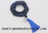 GMN1835 Knotted 8mm, 10mm blue tiger eye 108 beads mala necklace with tassel & charm