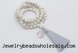 GMN1838 Knotted 8mm, 10mm white howlite 108 beads mala necklace with tassel & charm