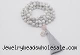 GMN1839 Knotted 8mm, 10mm white howlite 108 beads mala necklace with tassel & charm