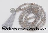 GMN1861 Knotted 8mm, 10mm grey banded agate 108 beads mala necklace with tassel & charm