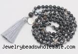 GMN1862 Knotted 8mm, 10mm black banded agate 108 beads mala necklace with tassel & charm