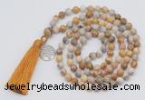 GMN1869 Knotted 8mm, 10mm yellow crazy agate 108 beads mala necklace with tassel & charm