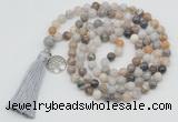 GMN1870 Knotted 8mm, 10mm bamboo leaf agate 108 beads mala necklace with tassel & charm