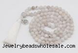 GMN1871 Knotted 8mm, 10mm white crazy agate 108 beads mala necklace with tassel & charm