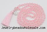 GMN1872 Knotted 8mm, 10mm rose quartz 108 beads mala necklace with tassel & charm