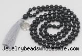 GMN1875 Knotted 8mm, 10mm black obsidian 108 beads mala necklace with tassel & charm