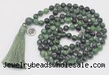 GMN1880 Knotted 8mm, 10mm ruby zoisite 108 beads mala necklace with tassel & charm