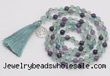 GMN1884 Knotted 8mm, 10mm fluorite 108 beads mala necklace with tassel & charm