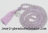 GMN1885 Knotted 8mm, 10mm lavender amethyst 108 beads mala necklace with tassel & charm