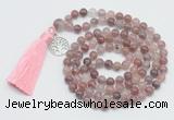 GMN1886 Knotted 8mm, 10mm purple strawberry quartz 108 beads mala necklace with tassel & charm