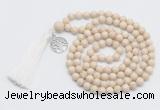 GMN1889 Knotted 8mm, 10mm white fossil jasper 108 beads mala necklace with tassel & charm