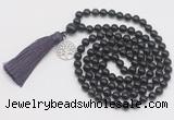 GMN1896 Knotted 8mm, 10mm black obsidian 108 beads mala necklace with tassel & charm