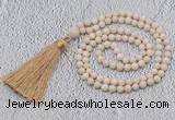 GMN200 Hand-knotted 6mm white fossil jasper 108 beads mala necklaces with tassel