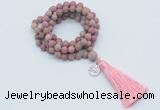 GMN2006 Knotted 8mm, 10mm matte pink fossil jasper 108 beads mala necklace with tassel & charm