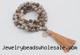 GMN2009 Knotted 8mm, 10mm matte zebra jasper 108 beads mala necklace with tassel & charm