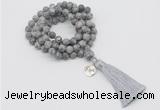 GMN2010 Knotted 8mm, 10mm matte grey picture jasper 108 beads mala necklace with tassel & charm