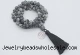 GMN2011 Knotted 8mm, 10mm matte black water jasper 108 beads mala necklace with tassel & charm