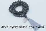 GMN2014 Knotted 8mm, 10mm matte black labradorite 108 beads mala necklace with tassel & charm