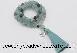 GMN2019 Knotted 8mm, 10mm matte fluorite 108 beads mala necklace with tassel & charm